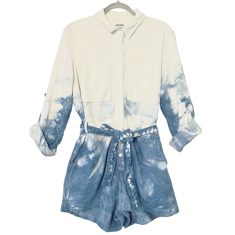 Good American Shorts Jumpsuit Romper Snap button up White indigo dyed Shibori 3